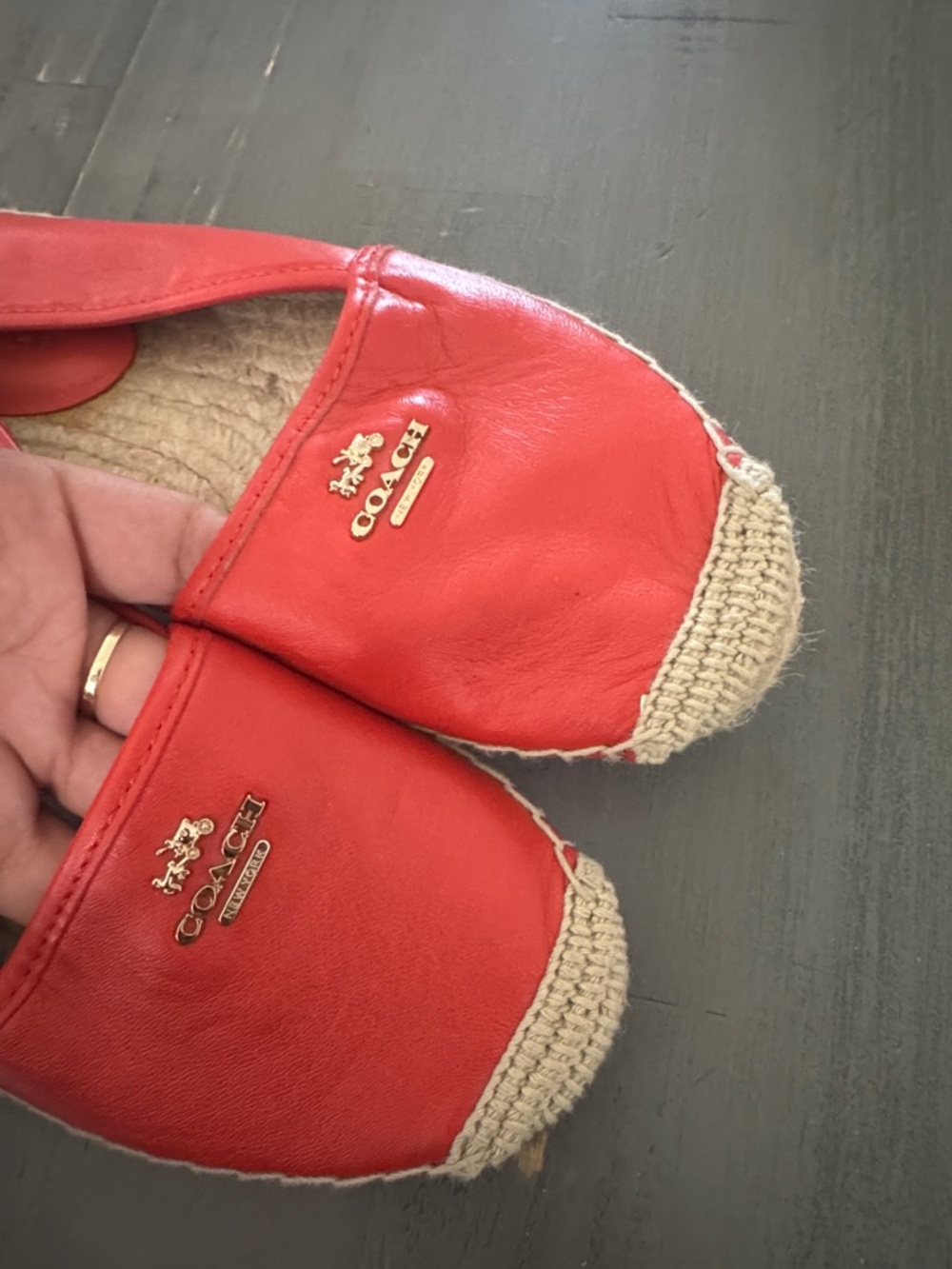 Coach Red Leather Espadrille Slip-Ons with Natural Woven Toe